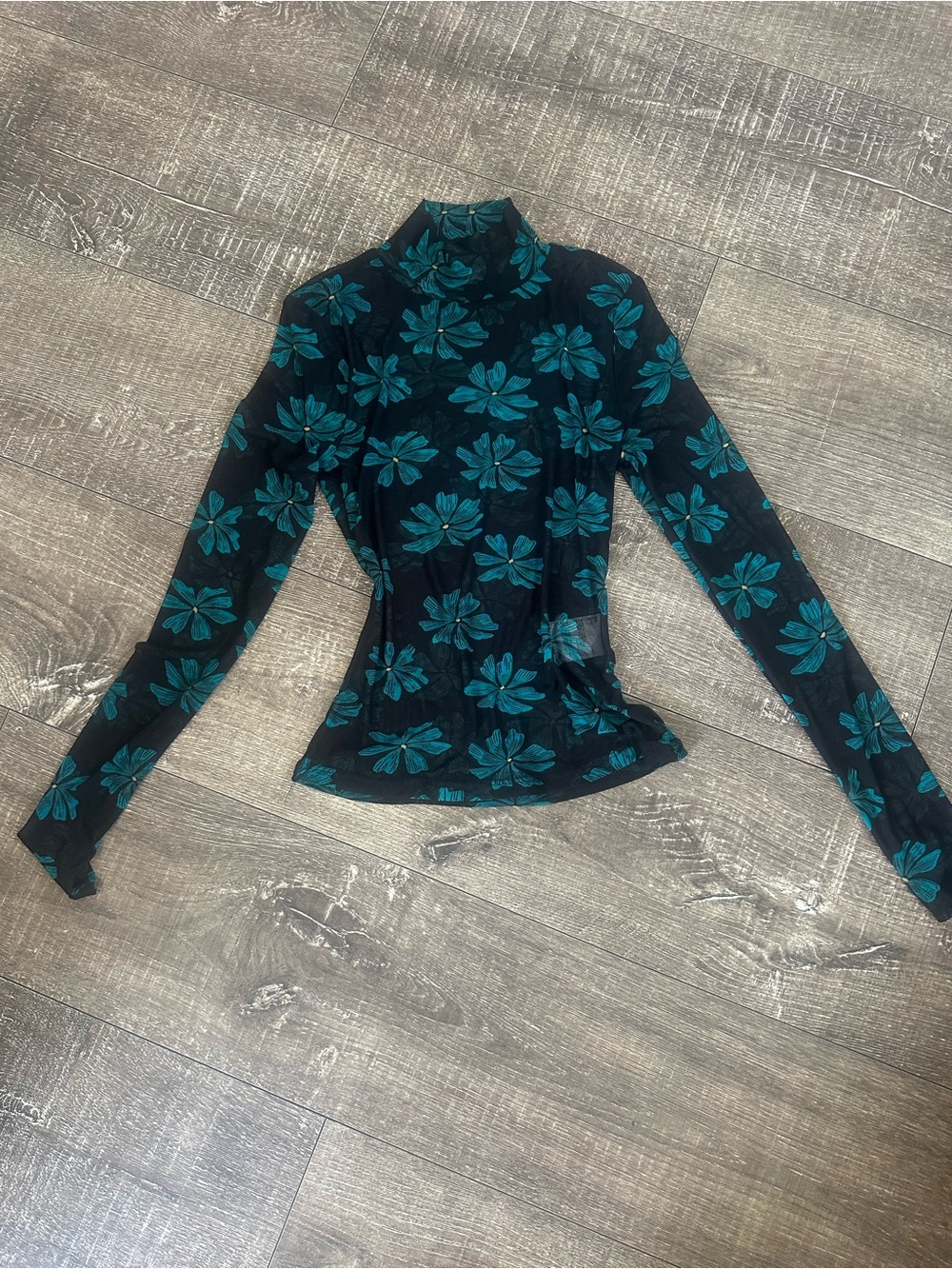 Bar III Black Sheer Mock Neck Top with Teal Floral Print